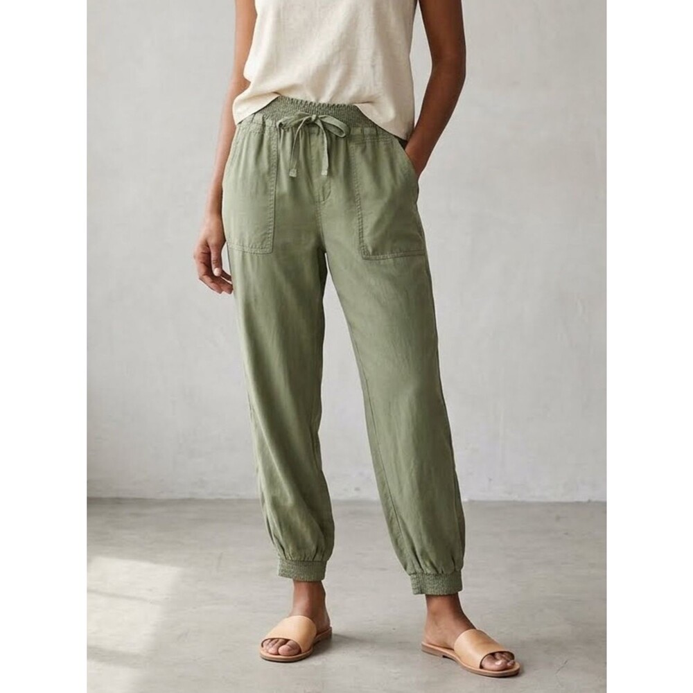 Love Tree Linen Blend Smocked Waist Jogger Pants Olive Green Large